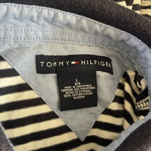 Men’s used size L large Tommy Hilfiger classic polo striped black white shirt - Picture 2 of 4